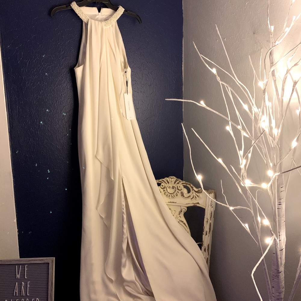 Calvin Klein White Maxi Pearl Halter Dress